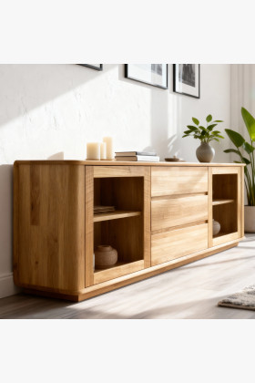 Eichenkommode mit Glastüren und Schubladen, naturholz